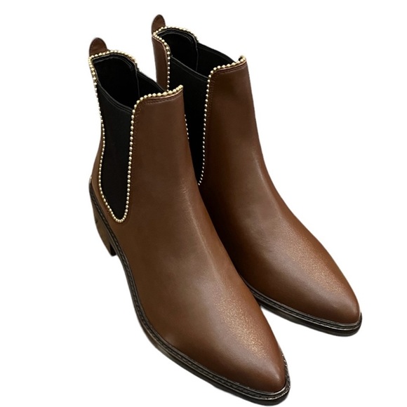 COACH Bowery Leather Beadchain Chelsea Brown Walnut Booties Size 6 - Picture 3 of 10